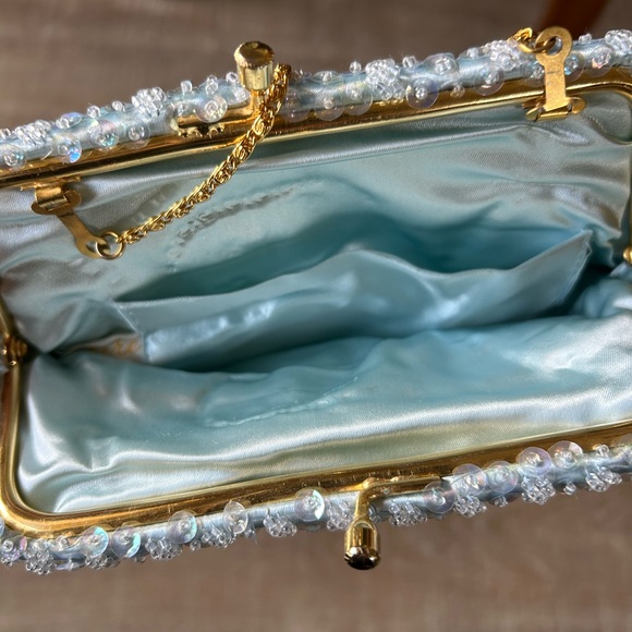 Richere Vintage 50s Beaded Sequin Evening Clutch Purse Delicate Gold Chain Blue - Picture 4 of 9
